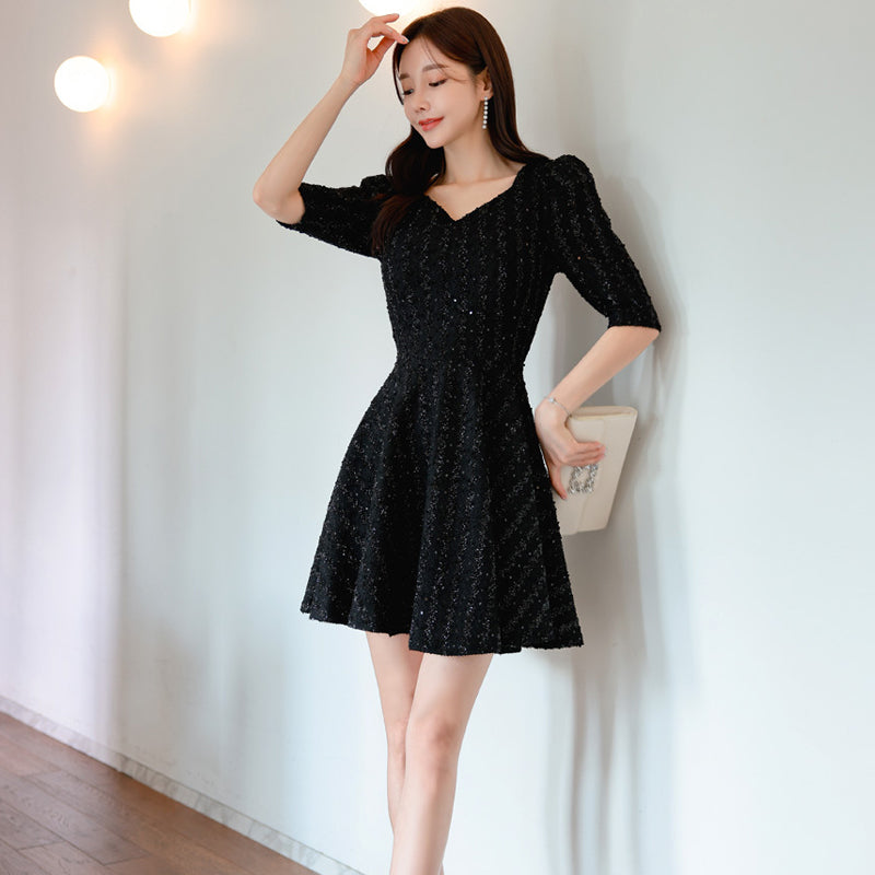 CM-DY093465 Women Elegant Seoul Style V-Neck 3/4 Sleeve A-Line Dress - Black