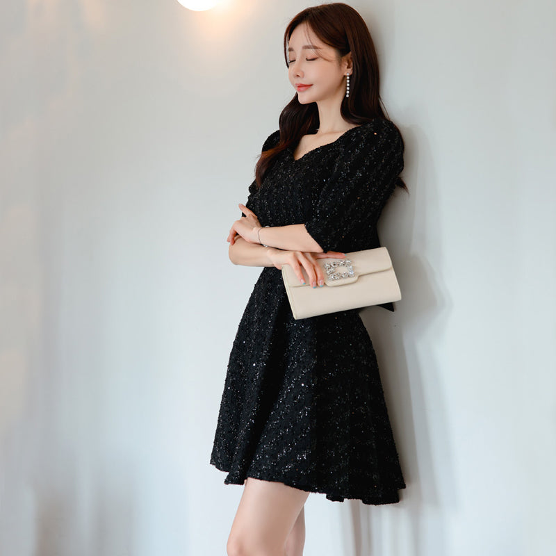 CM-DY093465 Women Elegant Seoul Style V-Neck 3/4 Sleeve A-Line Dress - Black