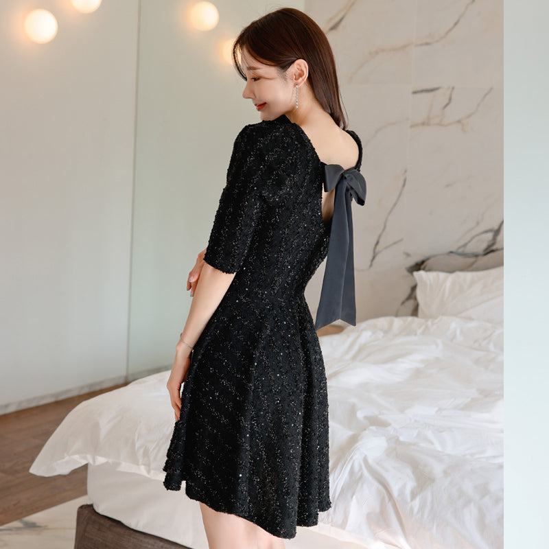 CM-DY093465 Women Elegant Seoul Style V-Neck 3/4 Sleeve A-Line Dress - Black
