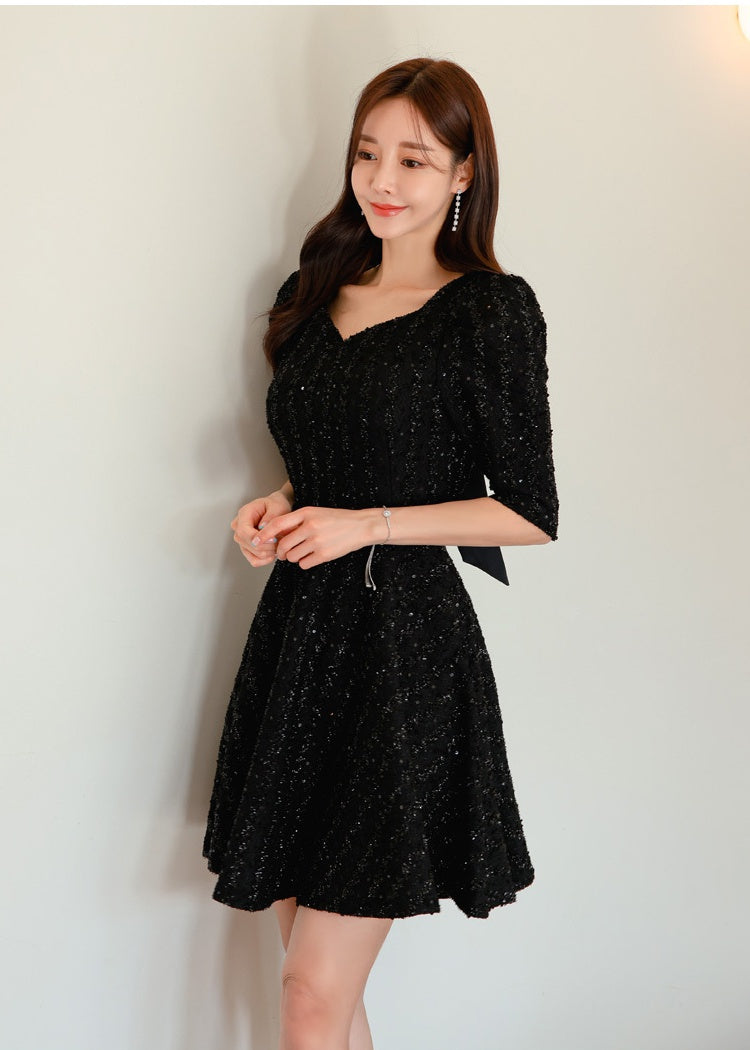 CM-DY093465 Women Elegant Seoul Style V-Neck 3/4 Sleeve A-Line Dress - Black