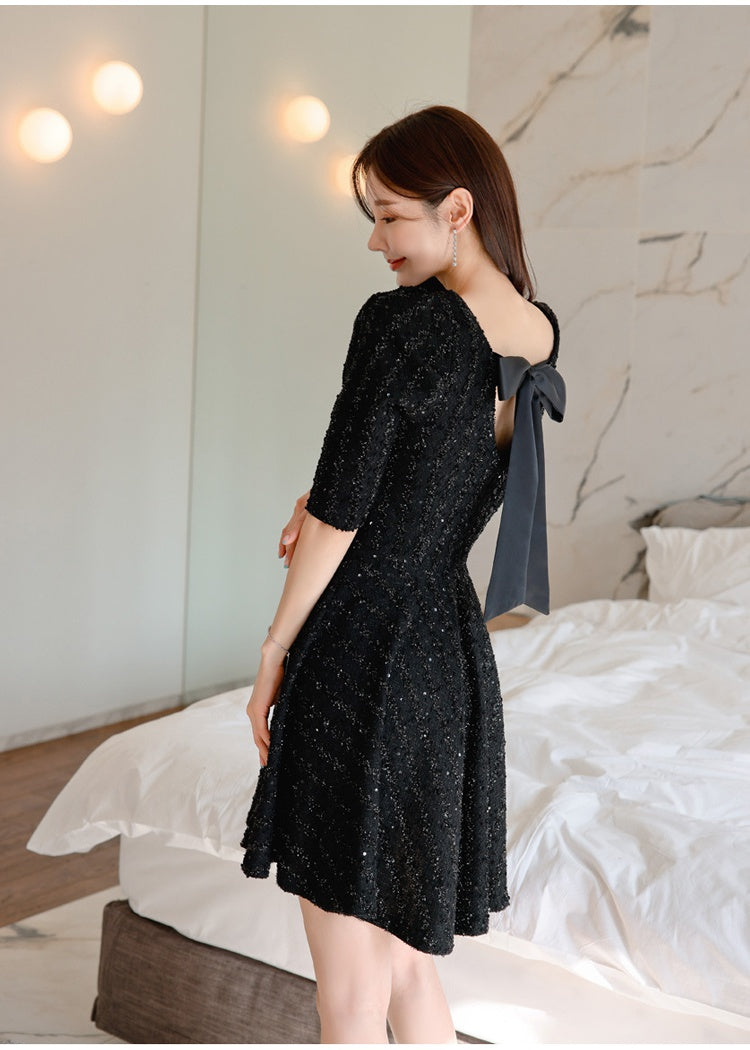 CM-DY093465 Women Elegant Seoul Style V-Neck 3/4 Sleeve A-Line Dress - Black