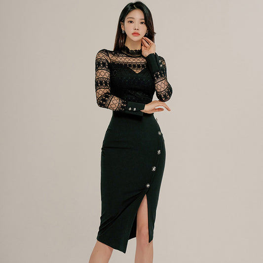 CM-DY093466 Women Elegant Seoul Style Lace Round Neck Long Sleeve Midi Dress - Black