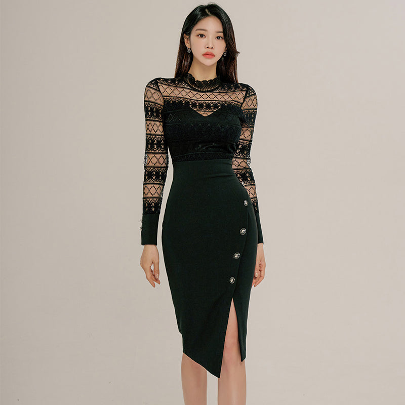 CM-DY095118 Women Elegant Seoul Style Lace Round Neck Long Sleeve Front Slit Dress