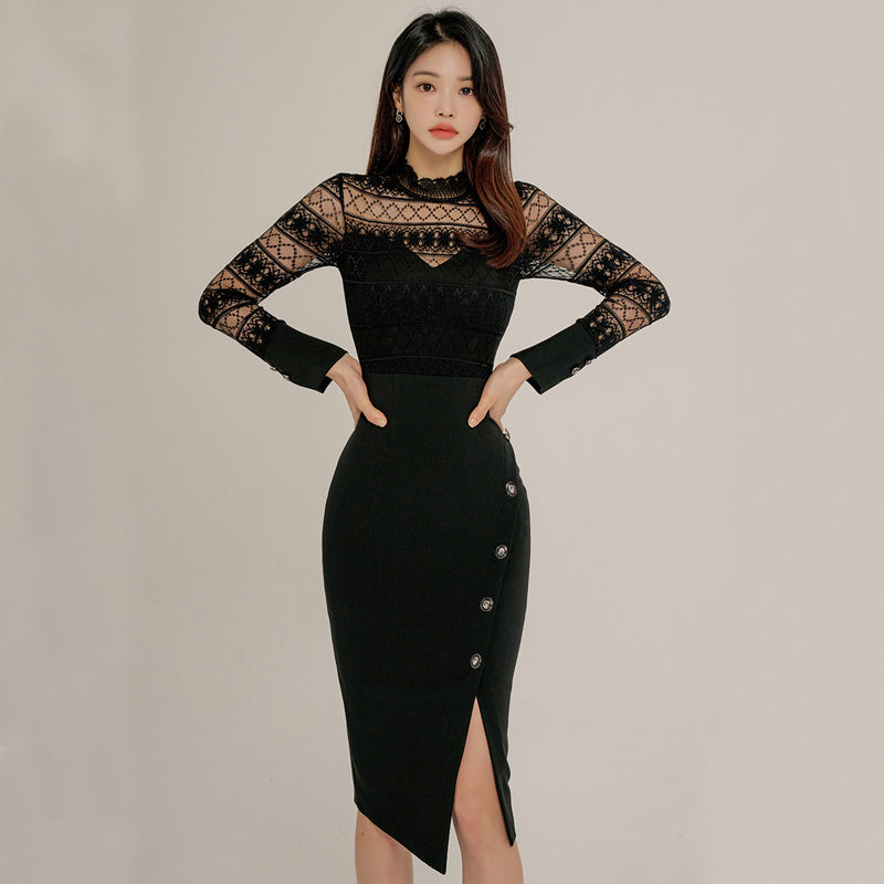 CM-DY095118 Women Elegant Seoul Style Lace Round Neck Long Sleeve Front Slit Dress