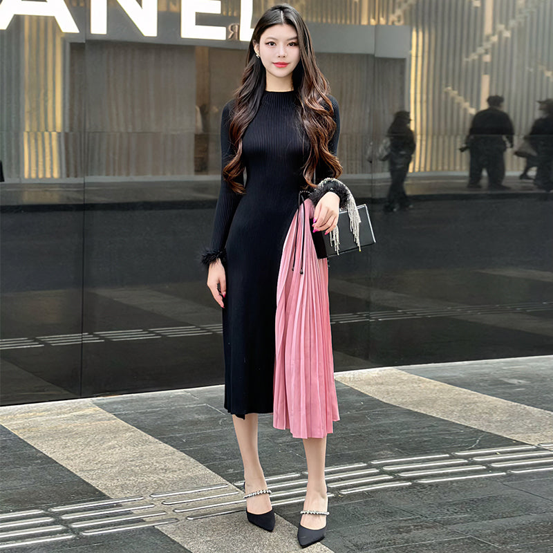 CM-DY093475 Women Casual Seoul Style Round Collar Long Sleeve Splice Dress - Black