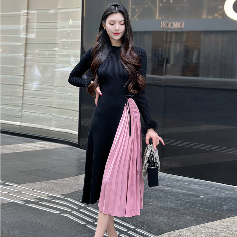 CM-DY093475 Women Casual Seoul Style Round Collar Long Sleeve Splice Dress - Black