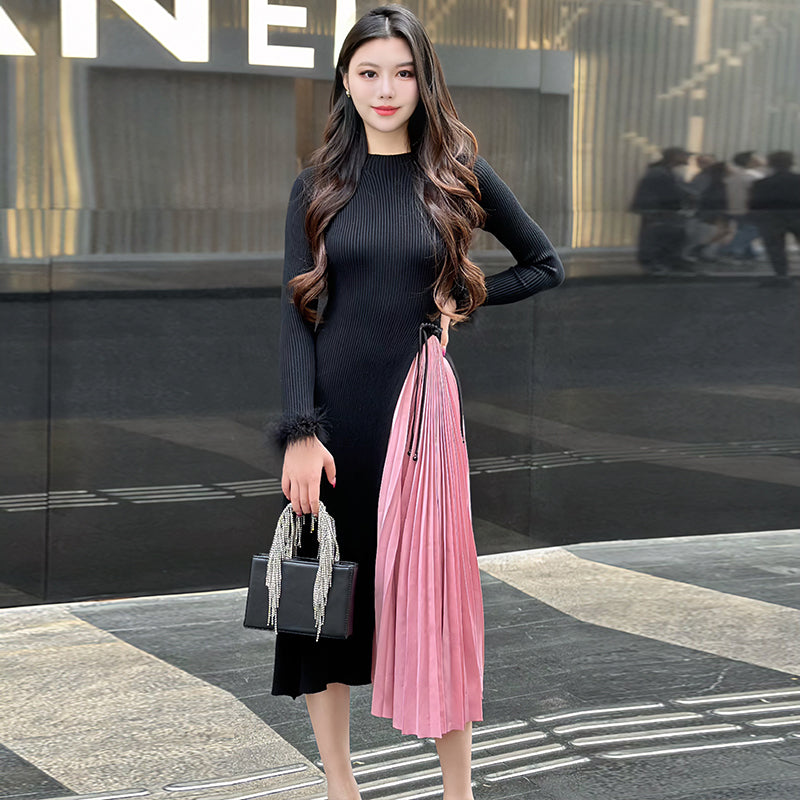 CM-DY093475 Women Casual Seoul Style Round Collar Long Sleeve Splice Dress - Black