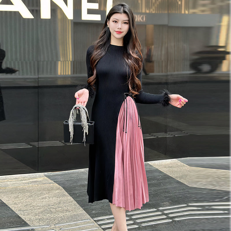 CM-DY093475 Women Casual Seoul Style Round Collar Long Sleeve Splice Dress - Black