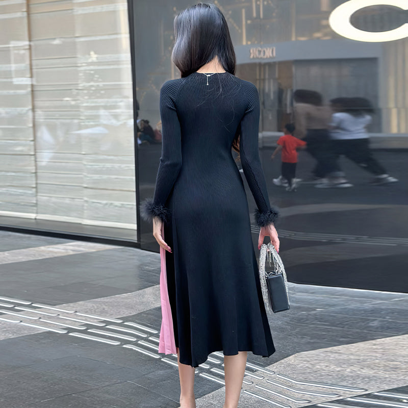 CM-DY093475 Women Casual Seoul Style Round Collar Long Sleeve Splice Dress - Black