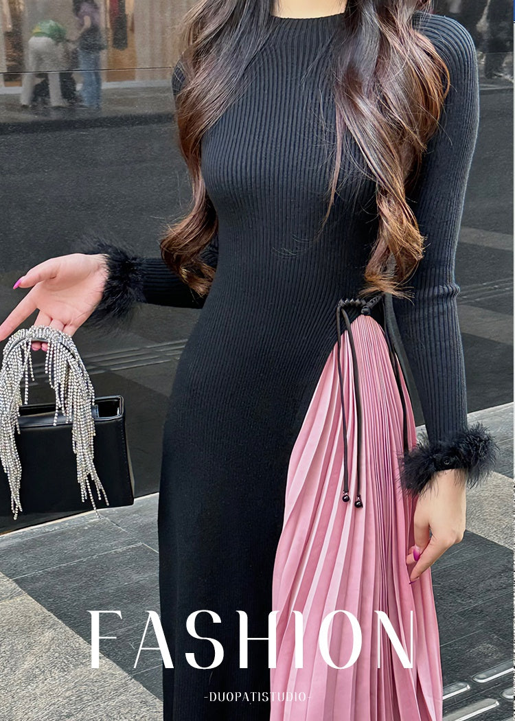 CM-DY093475 Women Casual Seoul Style Round Collar Long Sleeve Splice Dress - Black