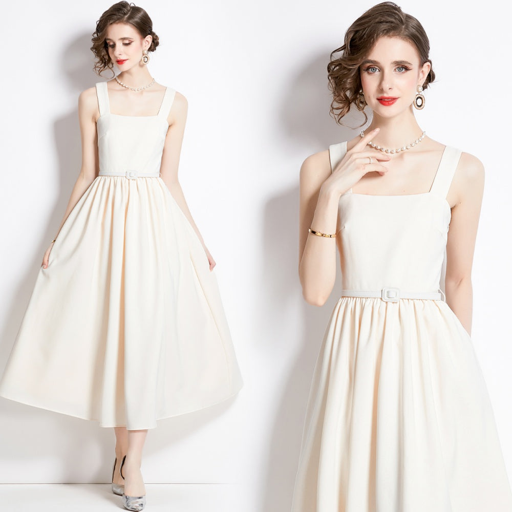CM-DY094249 Women Elegant European Style Square Collar Sleeveless Slim Dress - Beige