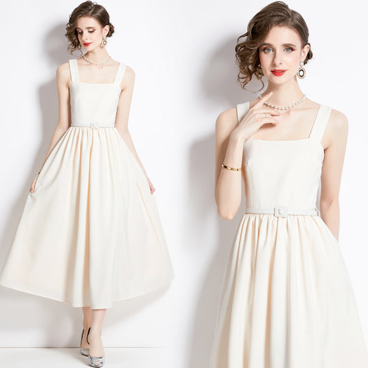 CM-DY094249 Women Elegant European Style Square Collar Sleeveless Slim Dress - Beige