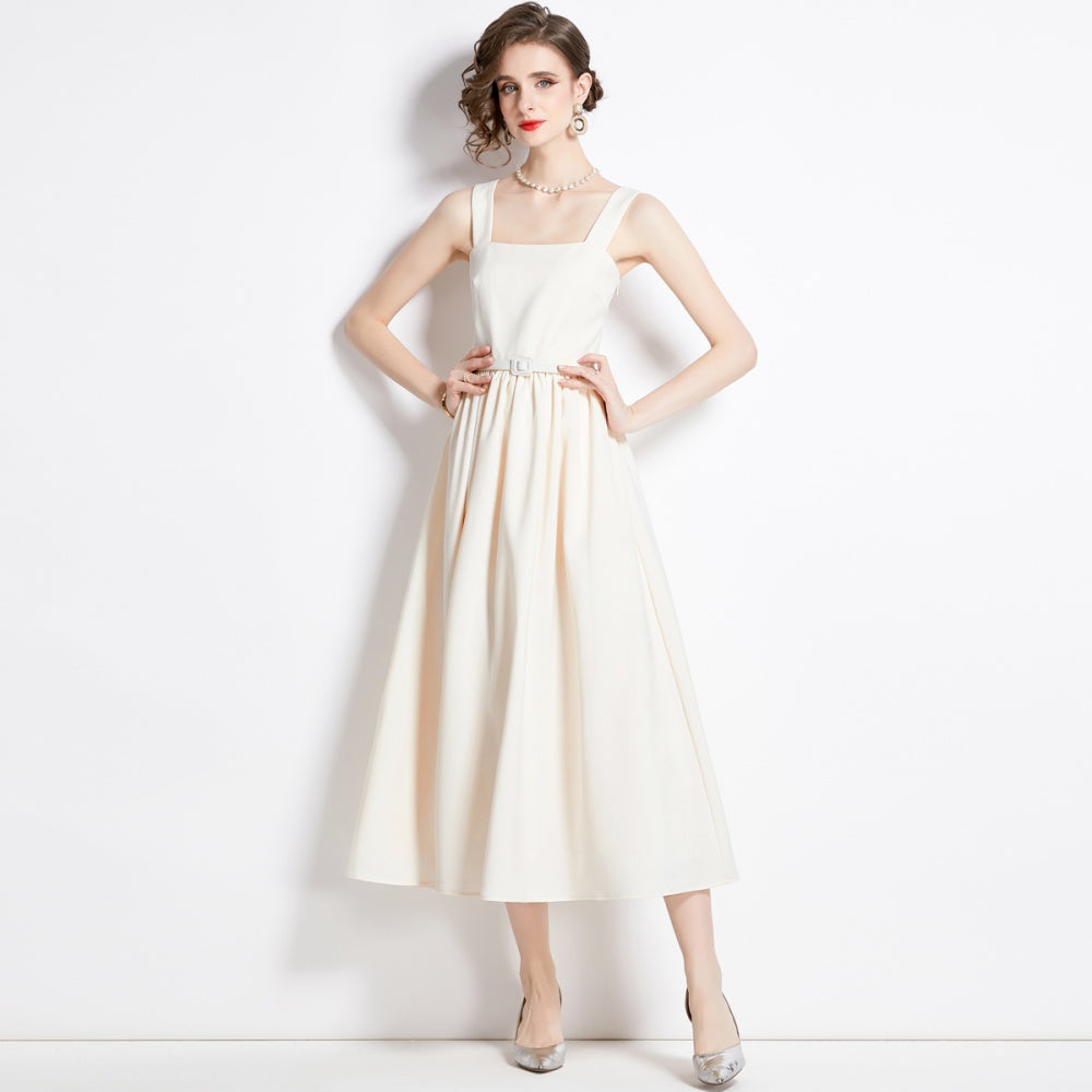 CM-DY094249 Women Elegant European Style Square Collar Sleeveless Slim Dress - Beige