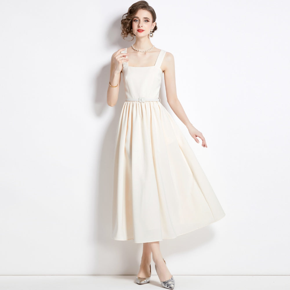 CM-DY094249 Women Elegant European Style Square Collar Sleeveless Slim Dress - Beige