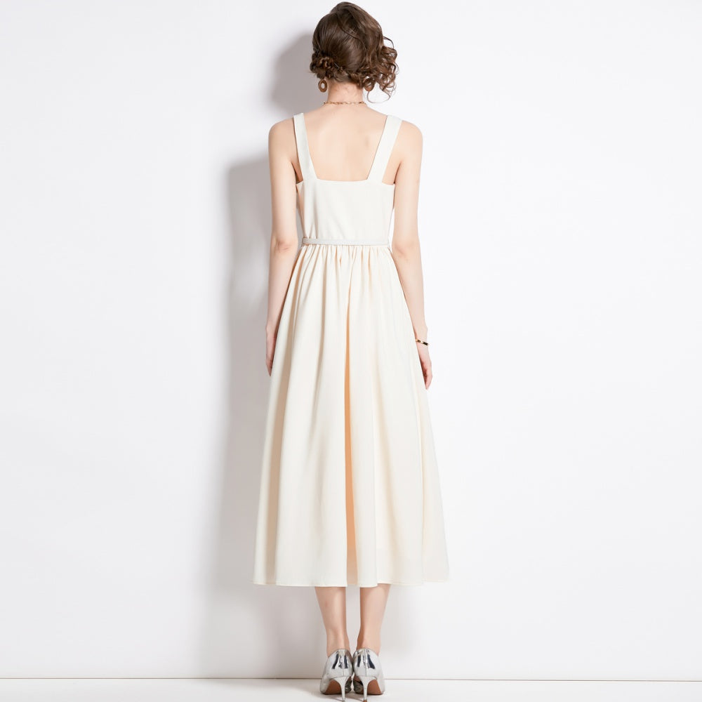 CM-DY094249 Women Elegant European Style Square Collar Sleeveless Slim Dress - Beige