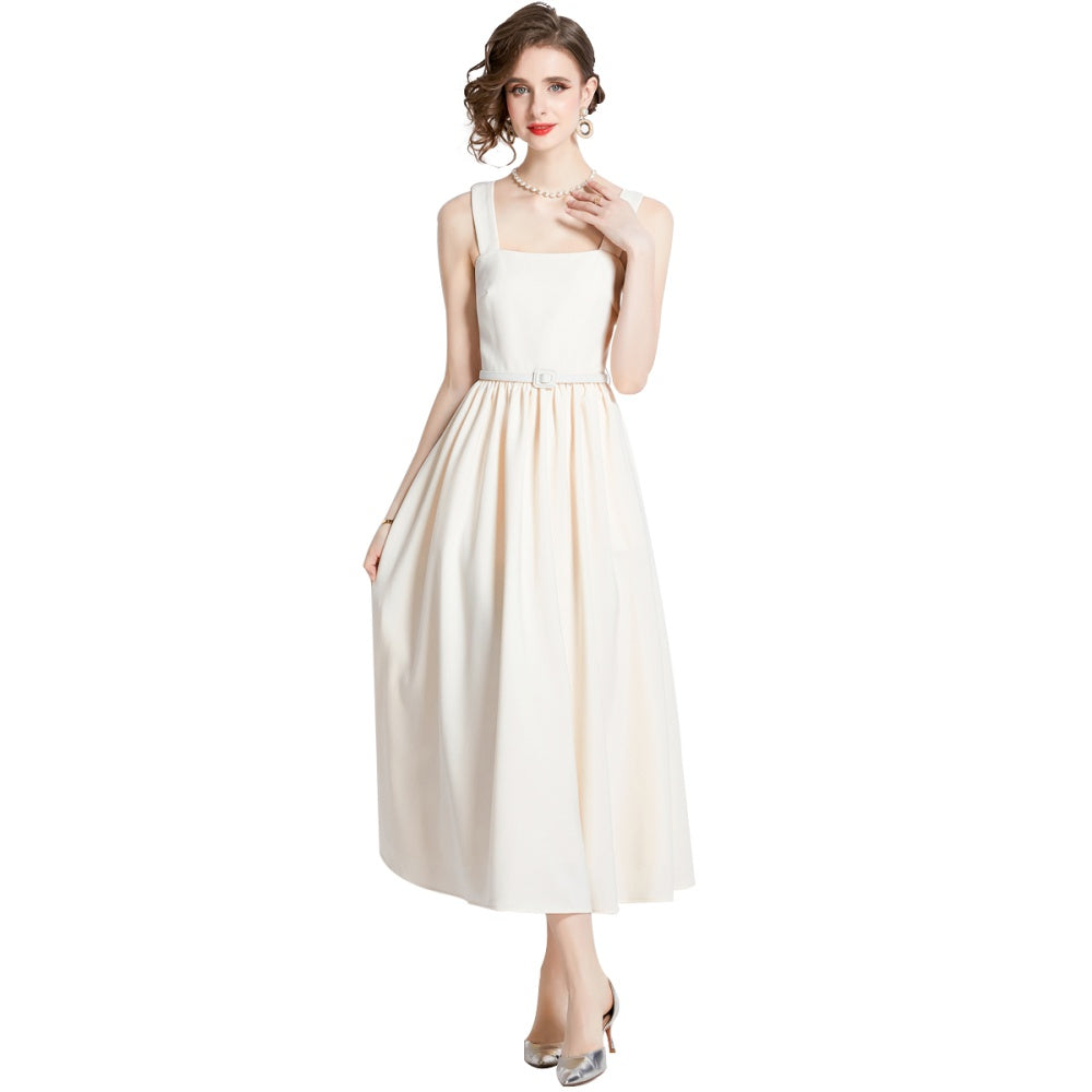 CM-DY094249 Women Elegant European Style Square Collar Sleeveless Slim Dress - Beige
