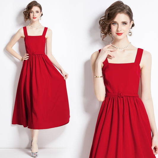 CM-DY094252 Women Elegant European Style Pinched Waist Sling Sleeveless Dress - Red
