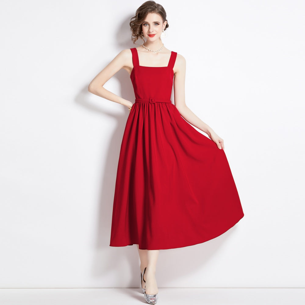 CM-DY094252 Women Elegant European Style Pinched Waist Sling Sleeveless Dress - Red
