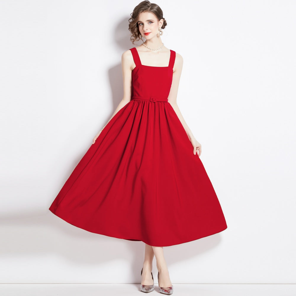 CM-DY094252 Women Elegant European Style Pinched Waist Sling Sleeveless Dress - Red