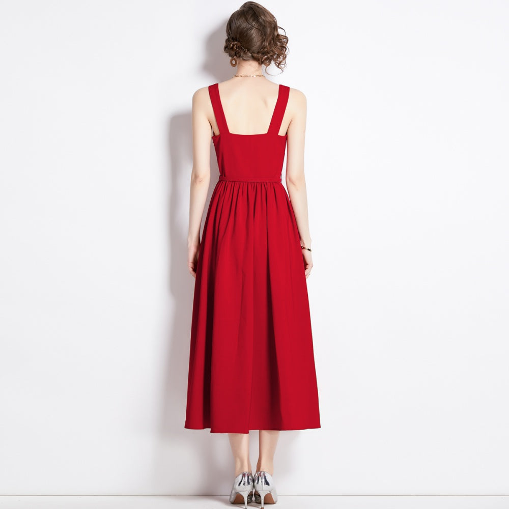 CM-DY094252 Women Elegant European Style Pinched Waist Sling Sleeveless Dress - Red