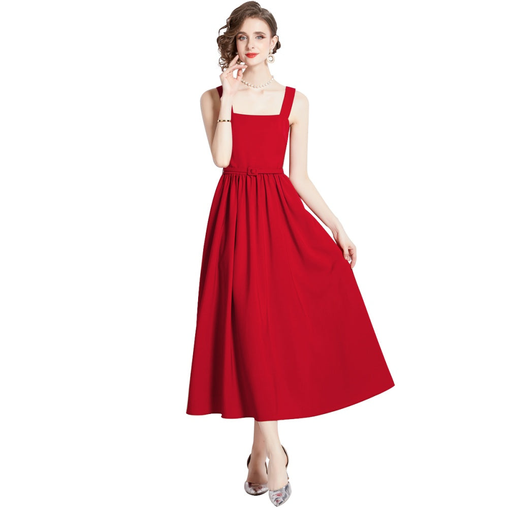 CM-DY094252 Women Elegant European Style Pinched Waist Sling Sleeveless Dress - Red