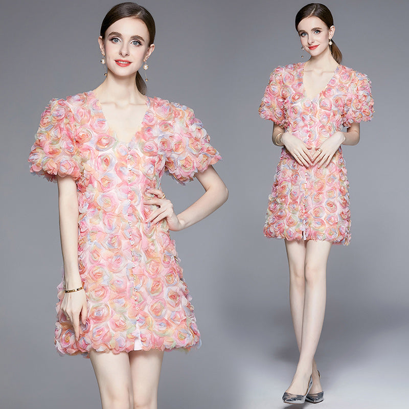 CM-DY094268 Women Elegant European Style Disk Floral Single-Breasted V-Neck Mini Dress