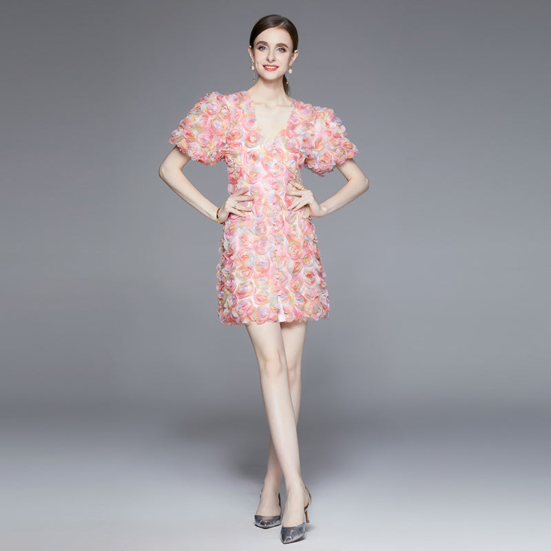CM-DY094268 Women Elegant European Style Disk Floral Single-Breasted V-Neck Mini Dress