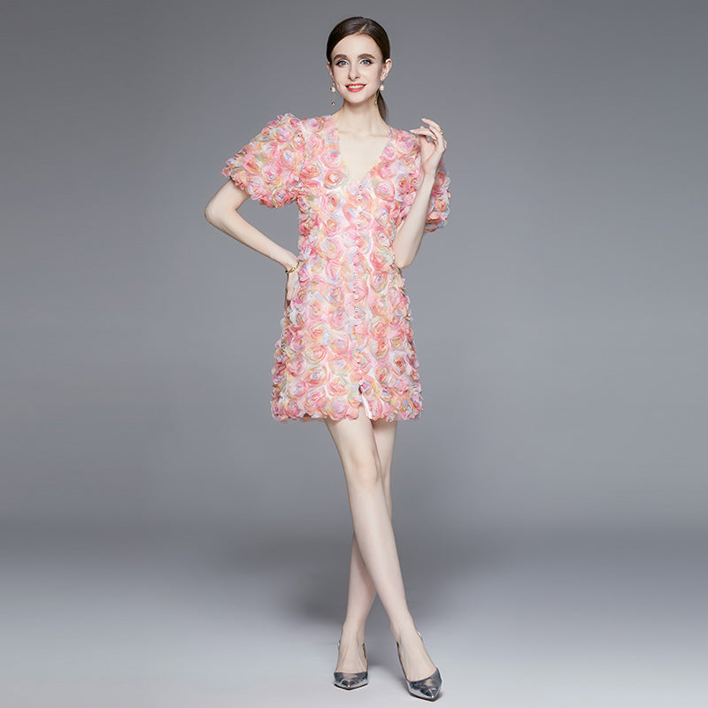 CM-DY094268 Women Elegant European Style Disk Floral Single-Breasted V-Neck Mini Dress
