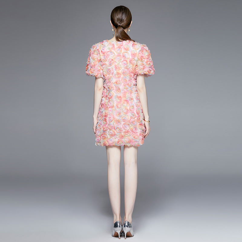 CM-DY094268 Women Elegant European Style Disk Floral Single-Breasted V-Neck Mini Dress