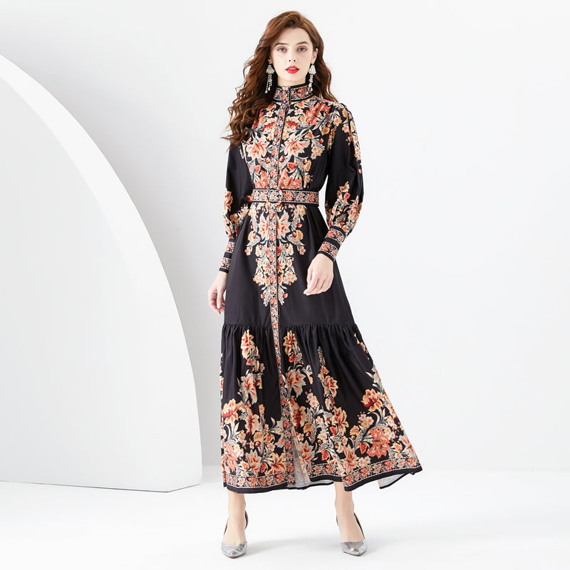 CM-DY094470 Women Retro European Style Floral Print Stand Collar Long Sleeve Maxi Dress