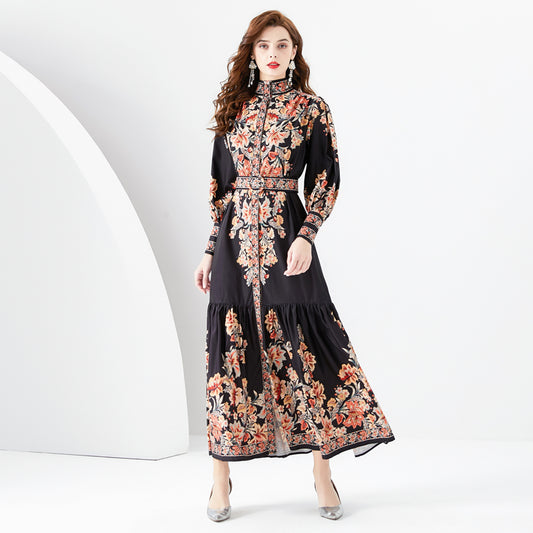 CM-DY094470 Women Retro European Style Floral Print Stand Collar Long Sleeve Maxi Dress