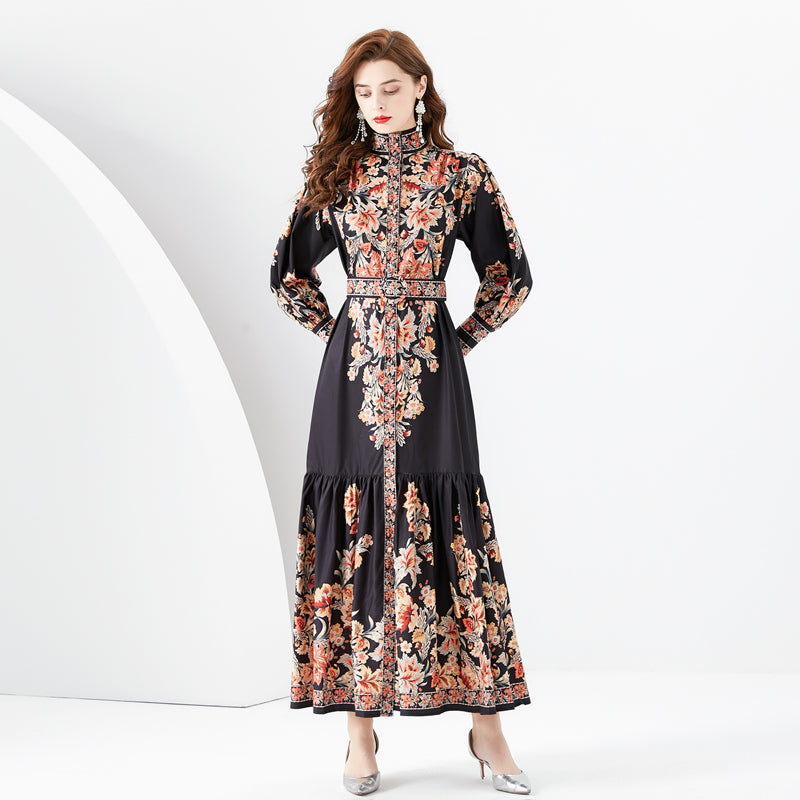 CM-DY094470 Women Retro European Style Floral Print Stand Collar Long Sleeve Maxi Dress