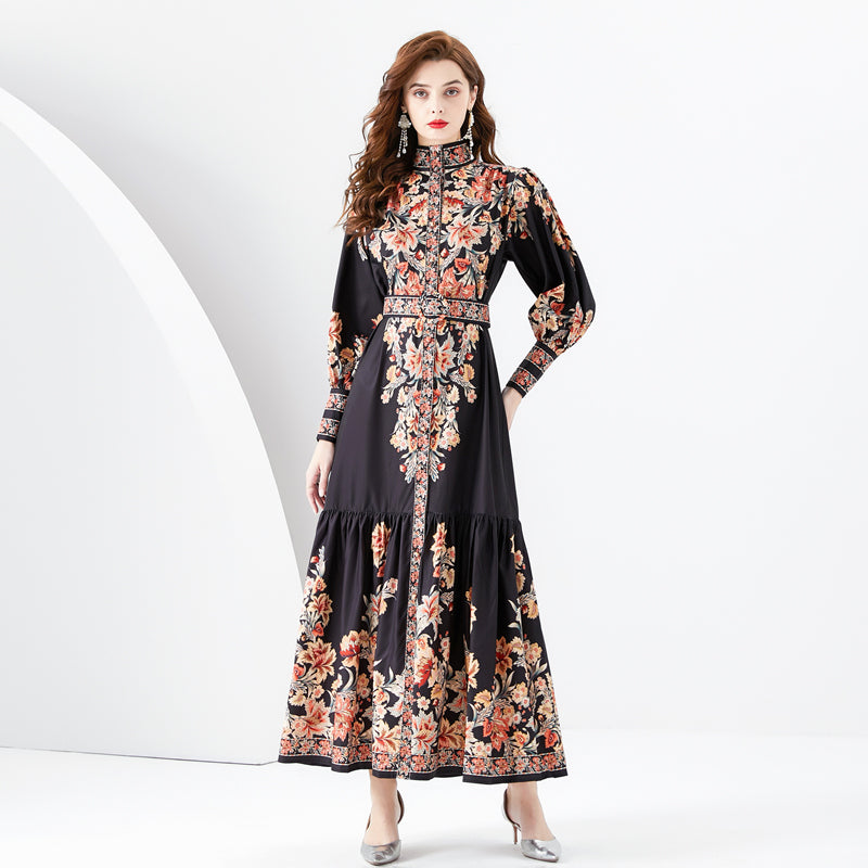 CM-DY094470 Women Retro European Style Floral Print Stand Collar Long Sleeve Maxi Dress