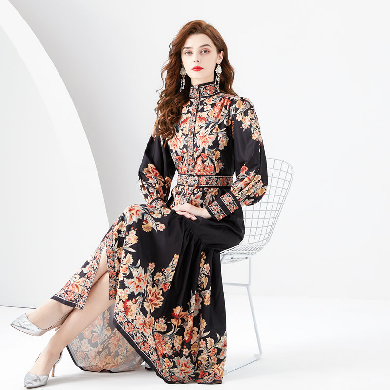 CM-DY094470 Women Retro European Style Floral Print Stand Collar Long Sleeve Maxi Dress