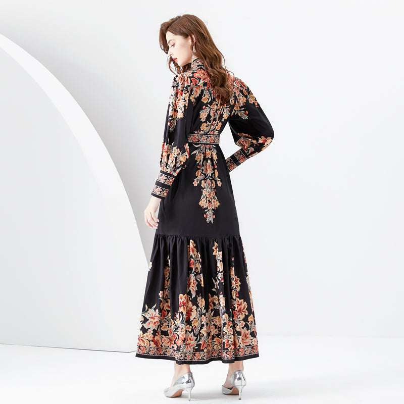CM-DY094470 Women Retro European Style Floral Print Stand Collar Long Sleeve Maxi Dress