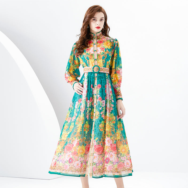 CM-DY094471 Women Retro European Style Stand Collar Lantern Sleeve Long Dress