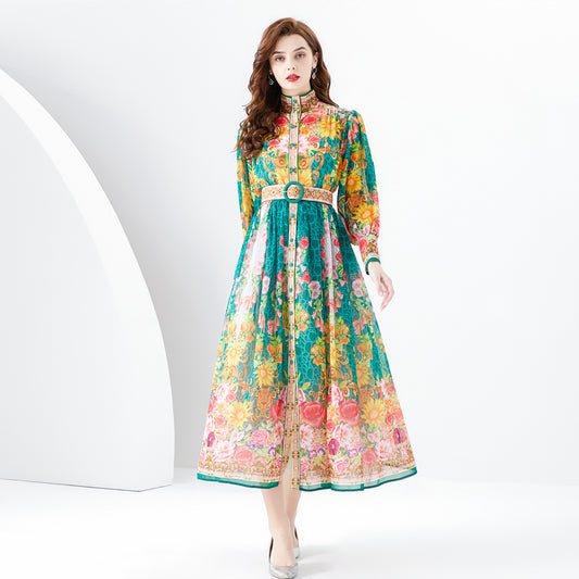 CM-DY094471 Women Retro European Style Stand Collar Lantern Sleeve Long Dress
