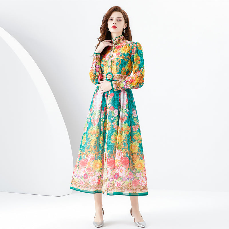 CM-DY094471 Women Retro European Style Stand Collar Lantern Sleeve Long Dress
