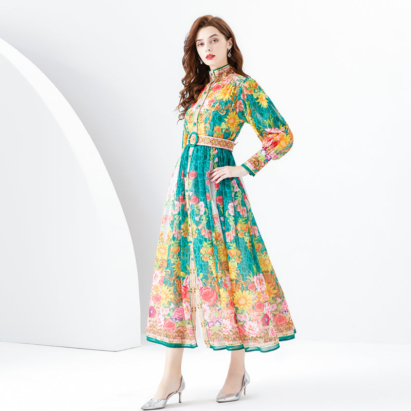 CM-DY094471 Women Retro European Style Stand Collar Lantern Sleeve Long Dress