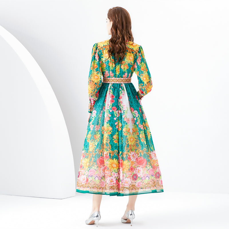 CM-DY094471 Women Retro European Style Stand Collar Lantern Sleeve Long Dress