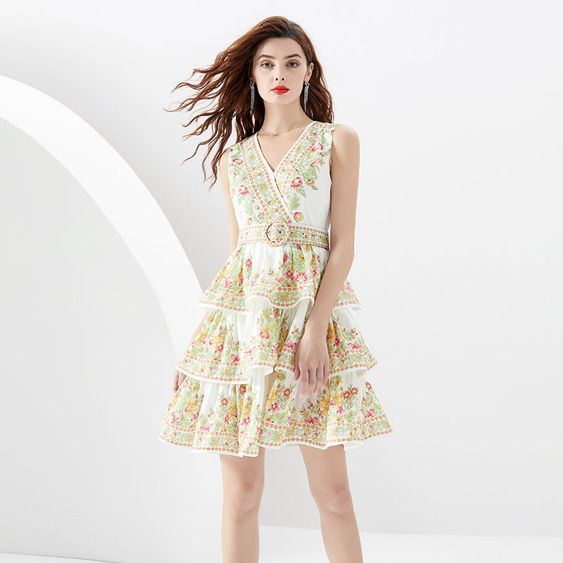 CM-DY094474 Women Elegant European Style V-Neck Sleeveless Mini Multilayer Cake Dress