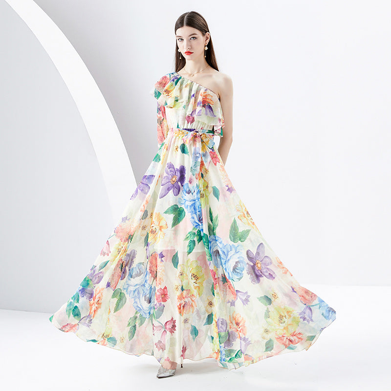 CM-DY094476 Women Elegant European Style Floral Print Trumpet Sleeves Long Dress