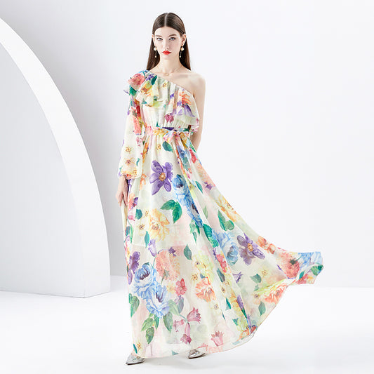CM-DY094476 Women Elegant European Style Floral Print Trumpet Sleeves Long Dress