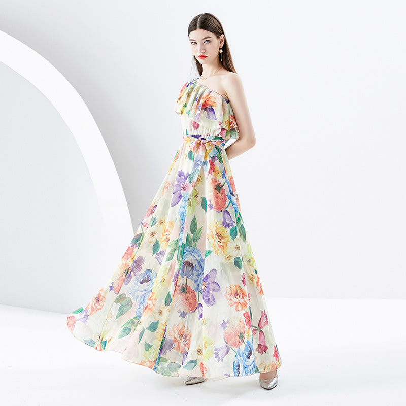 CM-DY094476 Women Elegant European Style Floral Print Trumpet Sleeves Long Dress