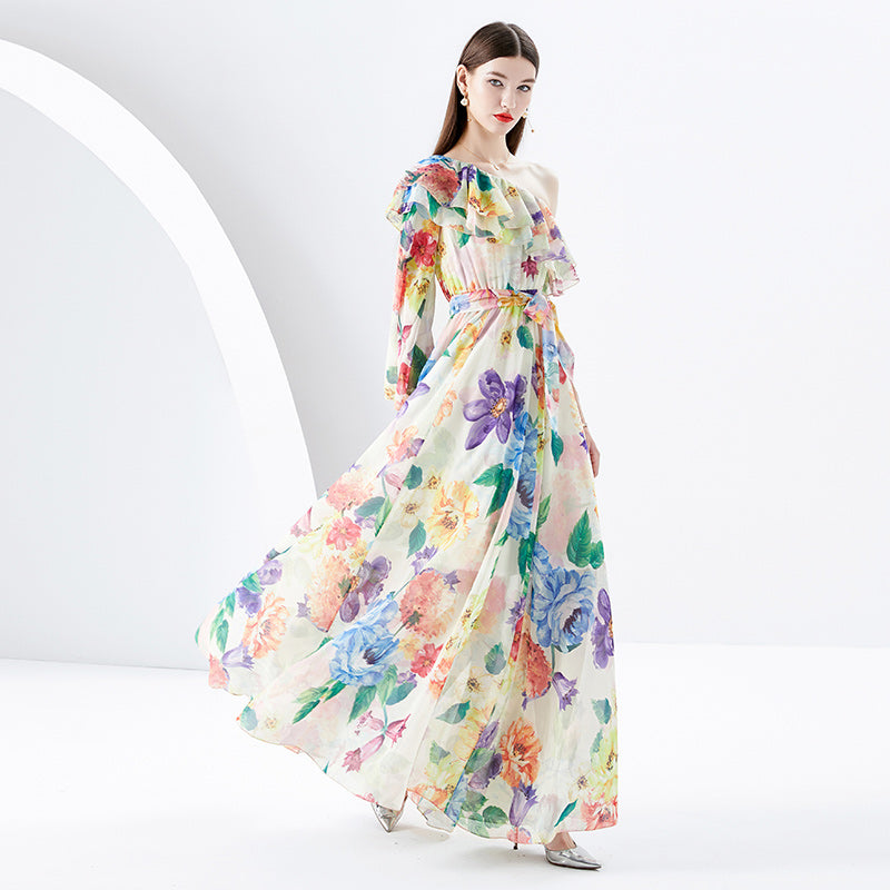 CM-DY094476 Women Elegant European Style Floral Print Trumpet Sleeves Long Dress