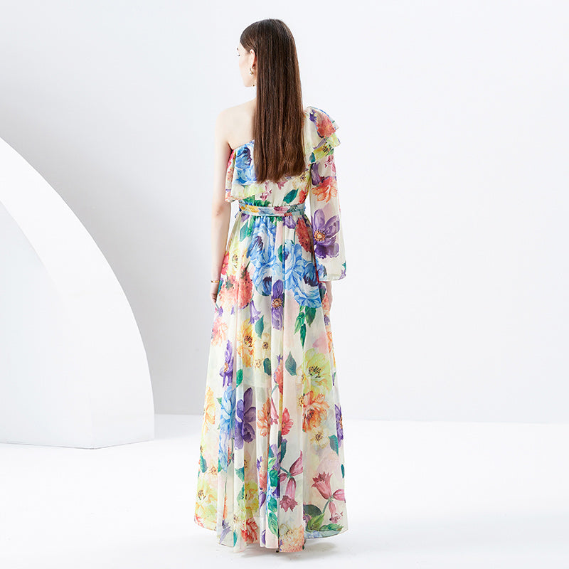 CM-DY094476 Women Elegant European Style Floral Print Trumpet Sleeves Long Dress
