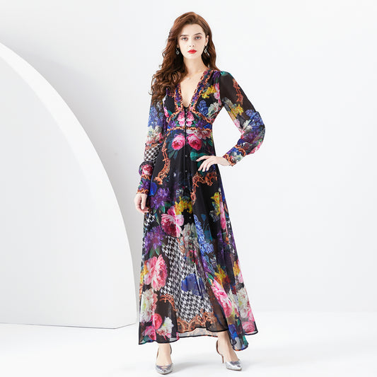 CM-DY094477 Women Elegant European Style Floral Print V-Neck Lantern Sleeve Long Dress