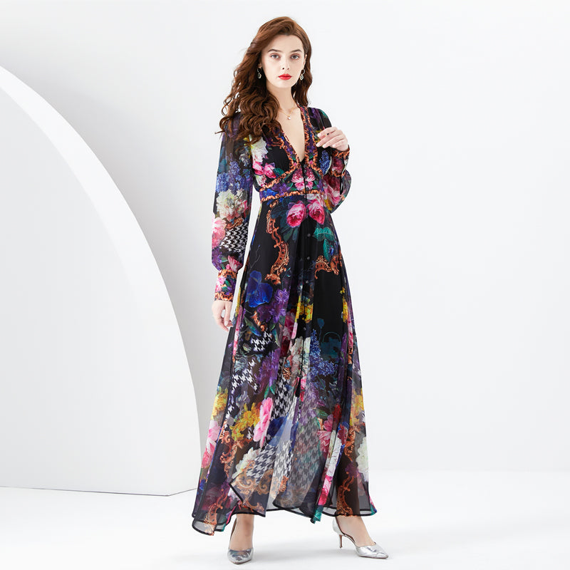 CM-DY094477 Women Elegant European Style Floral Print V-Neck Lantern Sleeve Long Dress