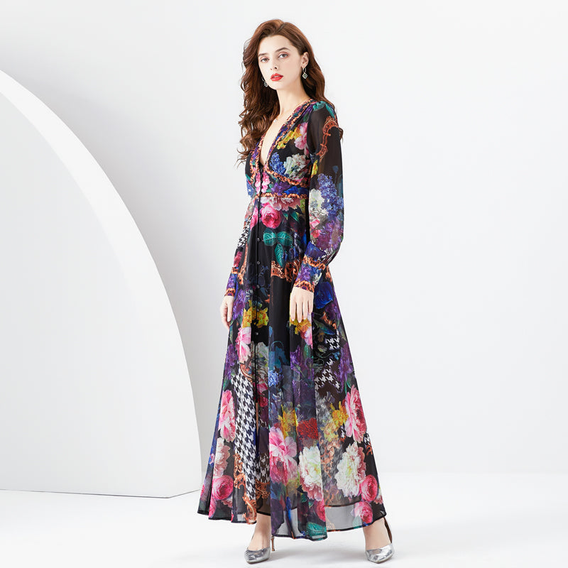 CM-DY094477 Women Elegant European Style Floral Print V-Neck Lantern Sleeve Long Dress