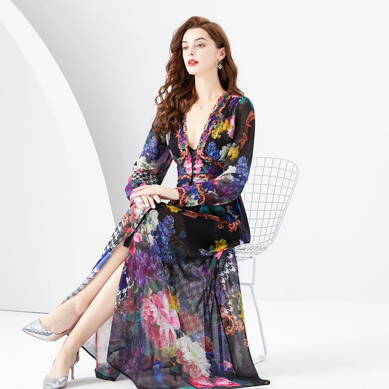 CM-DY094477 Women Elegant European Style Floral Print V-Neck Lantern Sleeve Long Dress